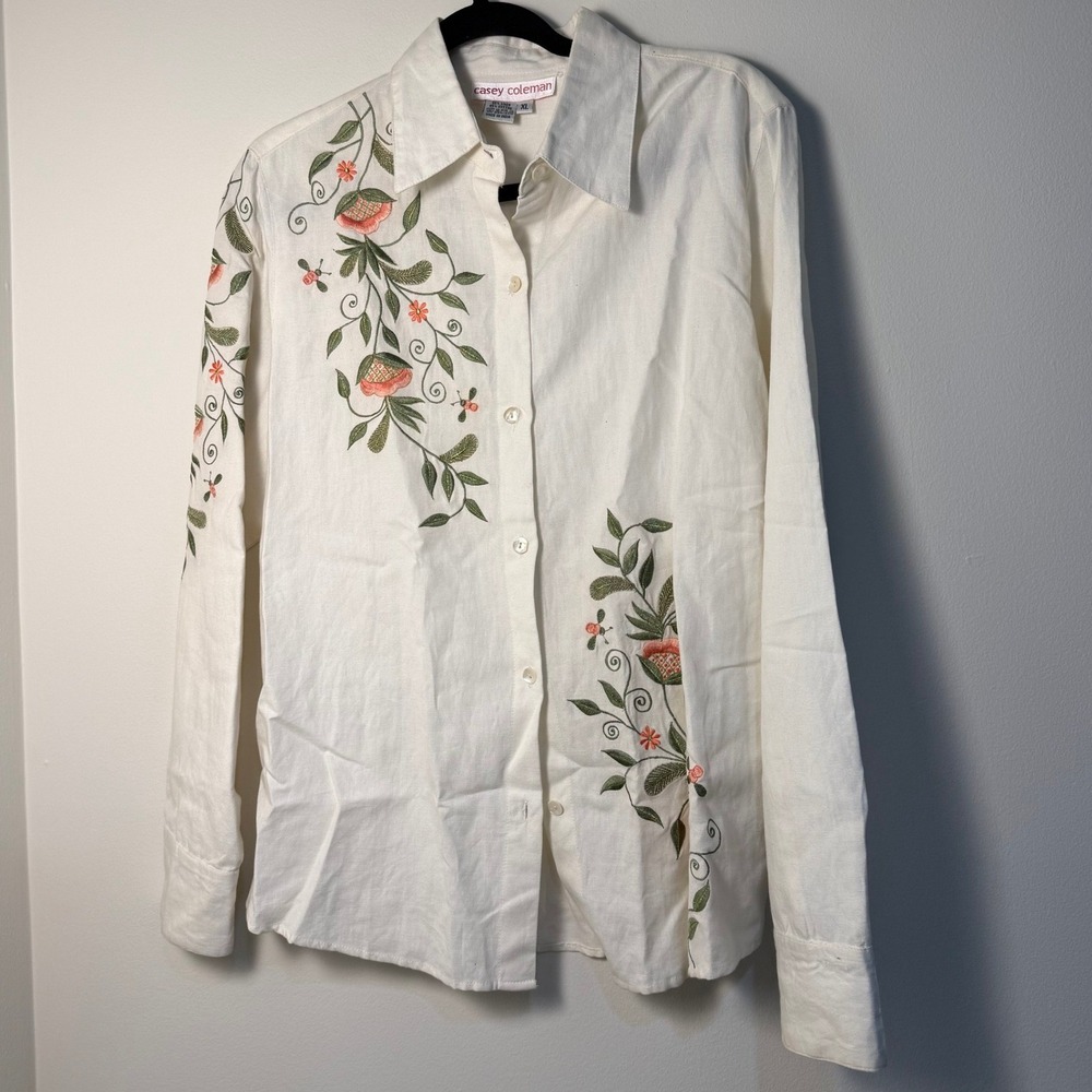 Casey Coleman White Linen Cotton Floral Embroidered Button Shirt XL Cottagecore